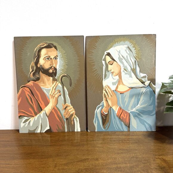 Vintage Religious Jesus and Virgin Mary Paint by Number Paintings 1966 Ohio